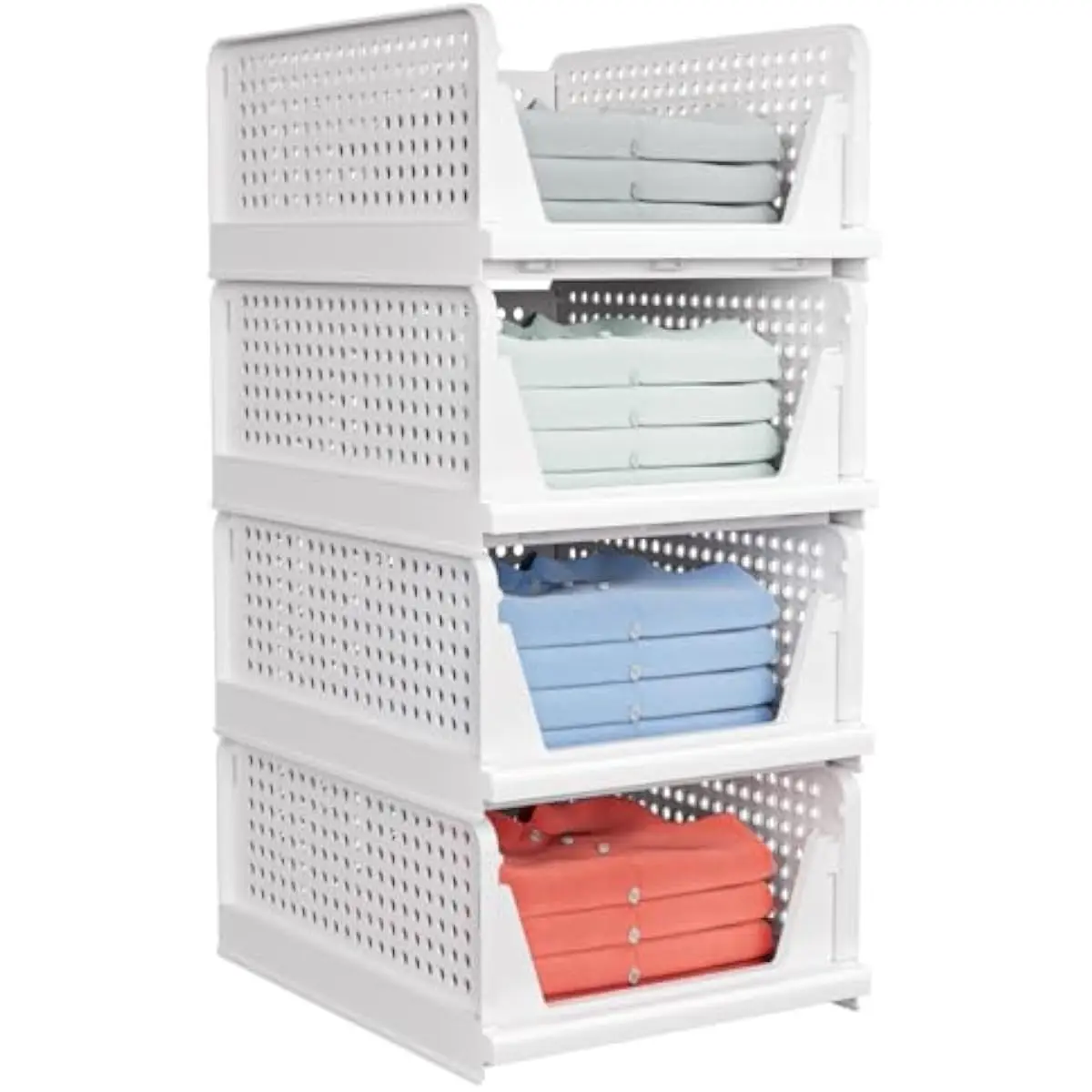 4 Pack Modular White Plastic Storage Bins with Slide Rails – Foldable Stackable Organizers for Closet Bedroom Kitchen Office – D