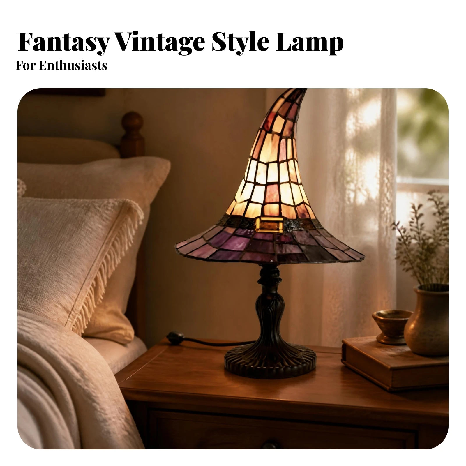 Stained Glass Witch Lamp Pointed Shade Gothic Witch Hat Light Tabletop Lamp Ornate Base Home Decor Segmented Pattern