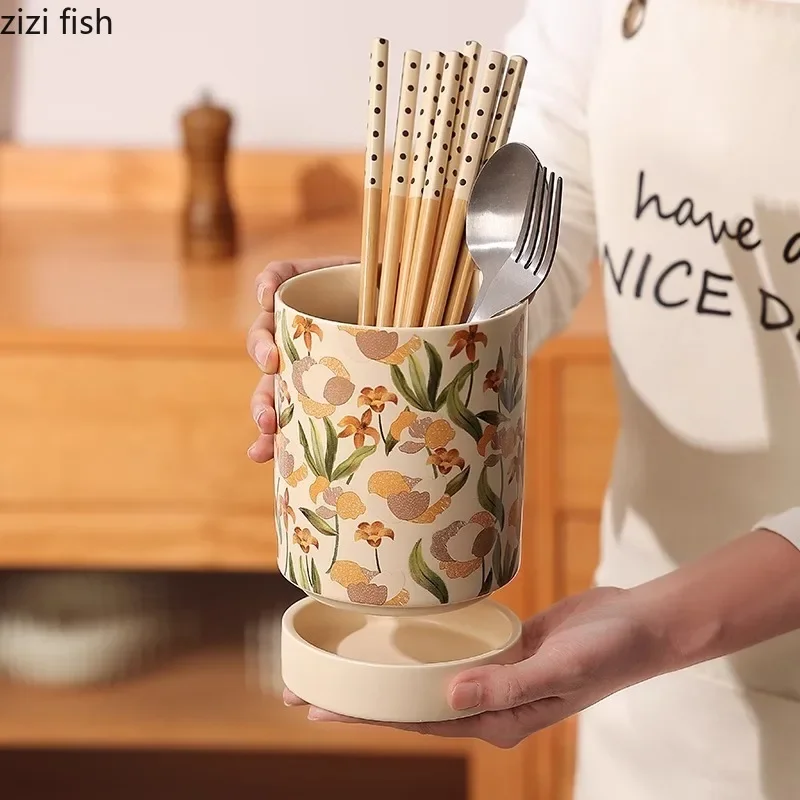 French Iris Ceramic Chopstick Holder Countertop Mold Proof Draining Chopstick Storage Jar Knife Spoon Rack Kitchen Storage Tool