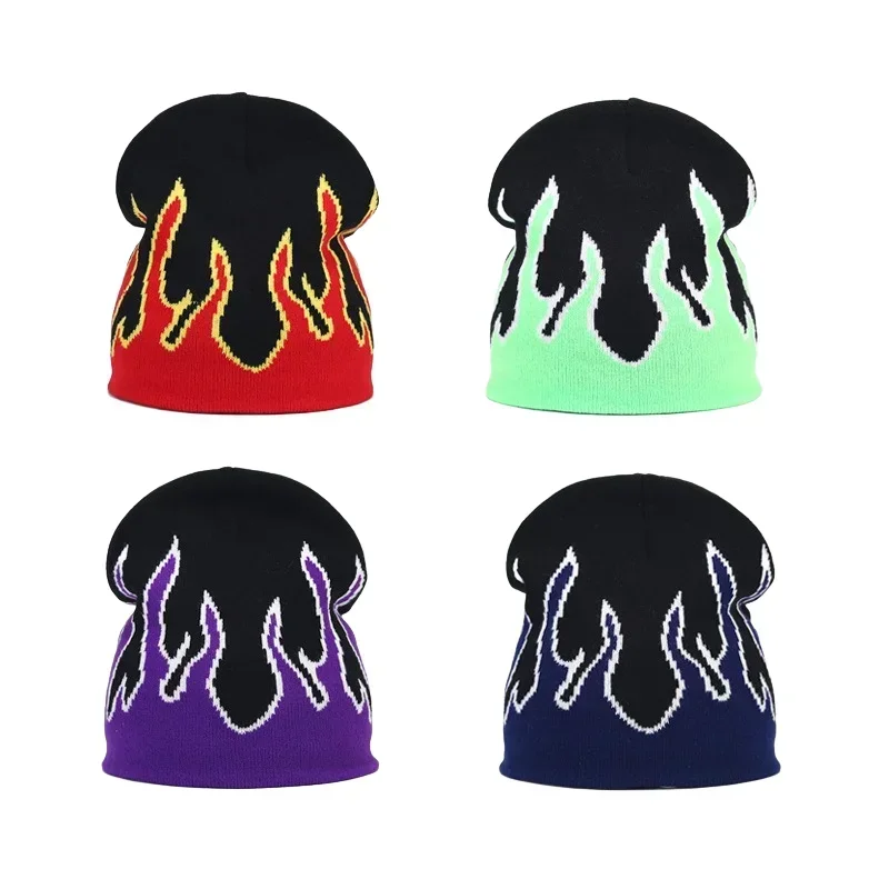 Hip Hop Y2K Street Flame Hat Women Dance Skull Fire Hell Burn Flames Hot Trend Winter Warm Knitted Soft Wear Bonnet Beanie Hat