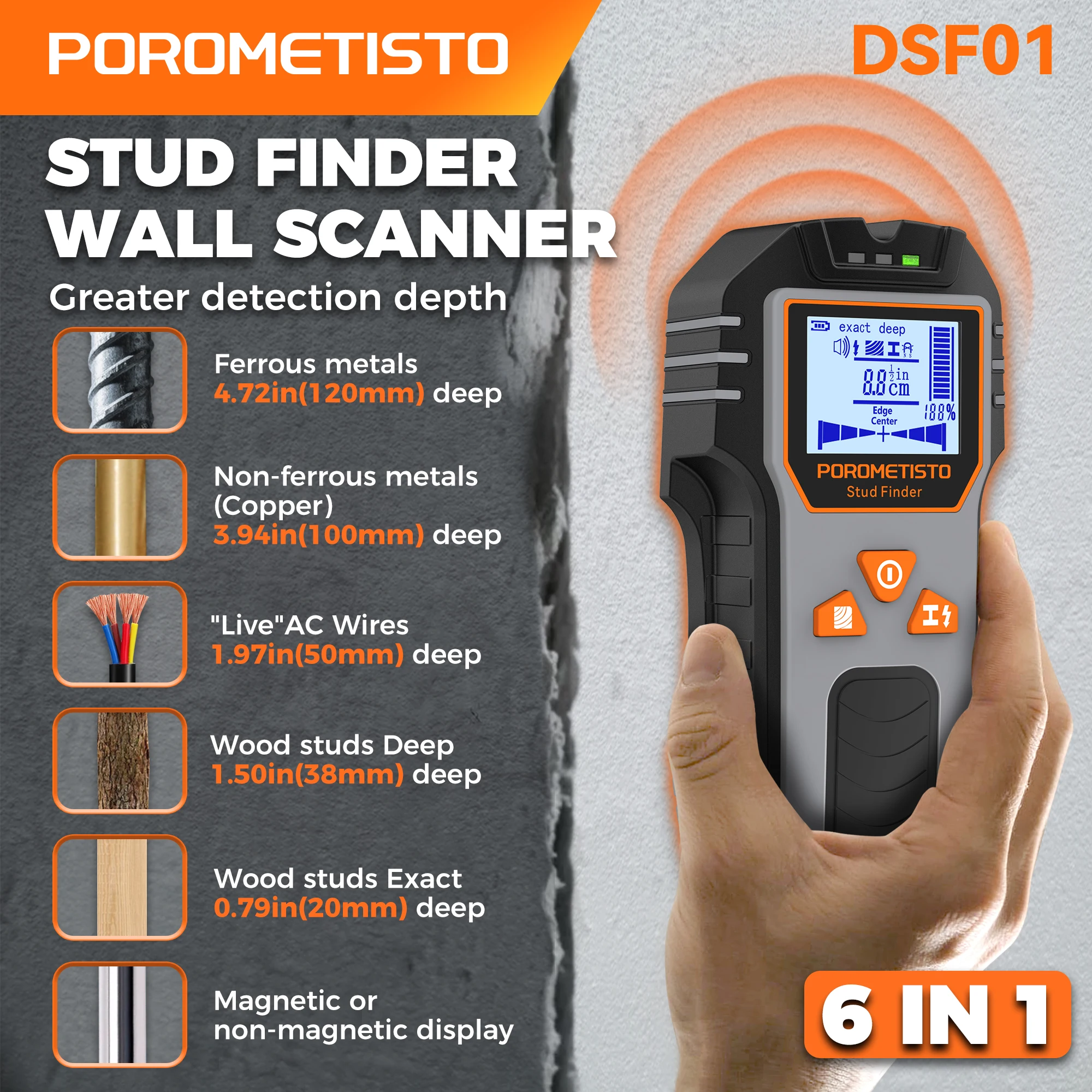 DSF01, 6-in-1 Multifunktions-Wandscanner - Holz-/Metall-/Stromkabel-Detektor, Tief-/Präzisionsmodus, LCD+Buzzer+LED-Alarm
