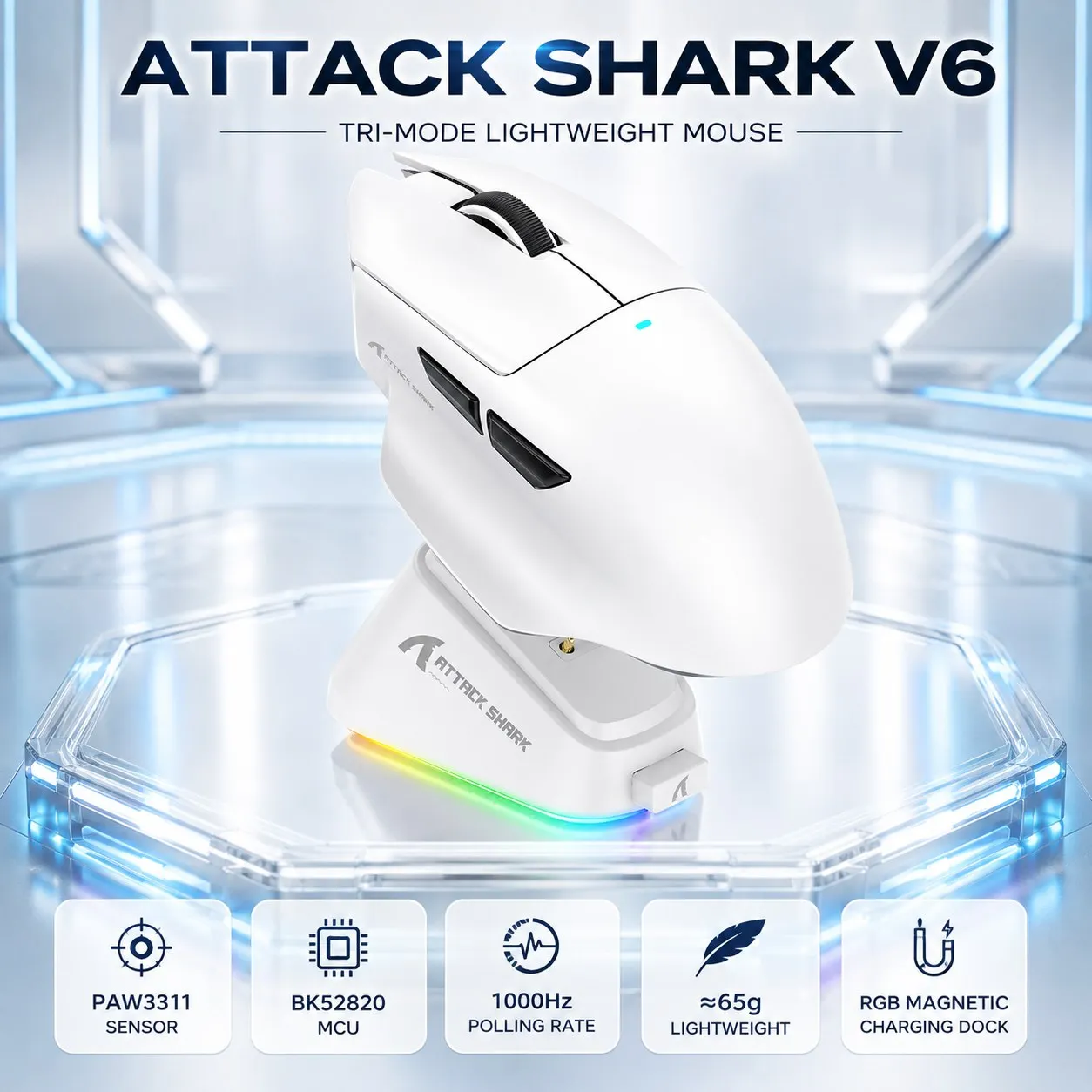 ATTACK SHARK V6 Gaming Mouse, PAW3311 Sensor, Wired USB, 2.4GHz and Bluetooth, RGB Magnetic Charging Dock, 500mAh Battery