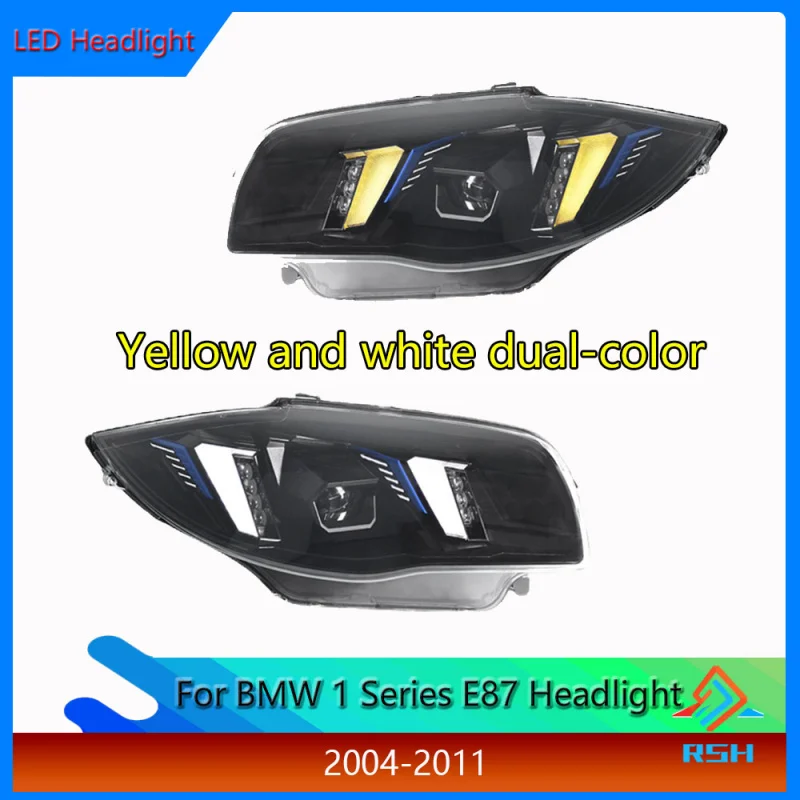For BMW 1 Series E87 Headlight Assembly 2004-2011 Models Modified With Fang-Style Dual-Color LED DRL And Projector Lenses