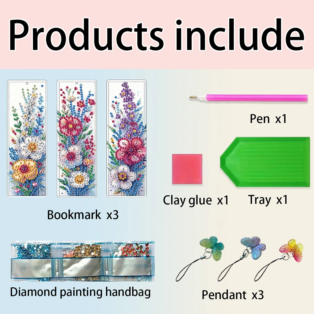 3 ชิ้นรูปร่างพิเศษดอกไม้เพชรบุ๊คมาร์คโครงการศิลปะ 5D DIY เพชรภาพวาดบุ๊คมาร์ค DIY บุ๊คมาร์คเพชรจิตรกรรมชุด