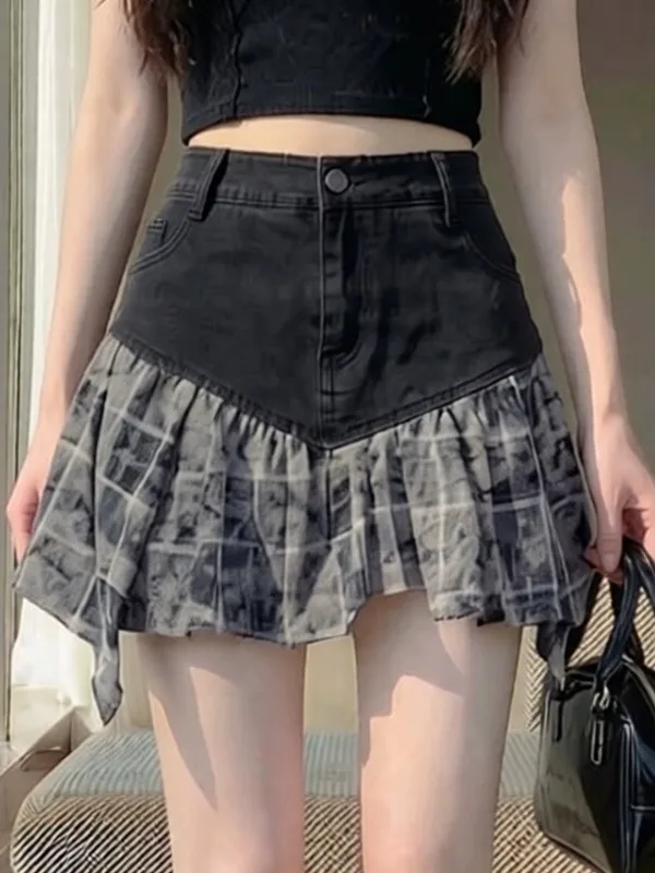 

High Waist A-Line Skirt Korean Style Commute Polyester Fiber Non-Stretch Summer 2026 New Plaid Denim Skirt Women's Fashion