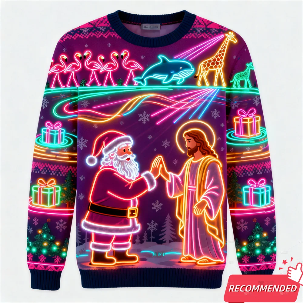 وهمية ضوء النيون ثلاثية الأبعاد مطبوعة القبيح عيد الميلاد سترة للنساء الرجال الملابس عيد ميلاد سعيد ثلج مضحك سانتا يسوع البلوفرات رياضية #6