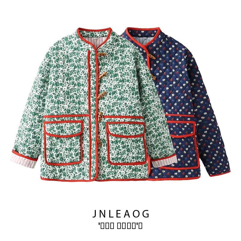 

JNLEAOG, осеннее новое женское повседневное свободное хлопковое пальто из полиэстера с принтом в стиле пэчворк, длинное пальто с воротником-стойкой и пуговицами