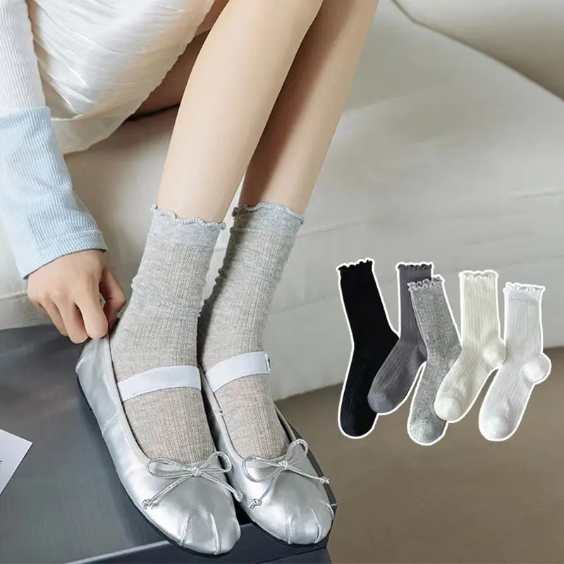 1-пара-женских-однотонных-сетчатых-носков-средней-длины-летние-легкие-дышащие-модные-повседневные-носки-в-балетном-стиле-с-волнистыми-краями