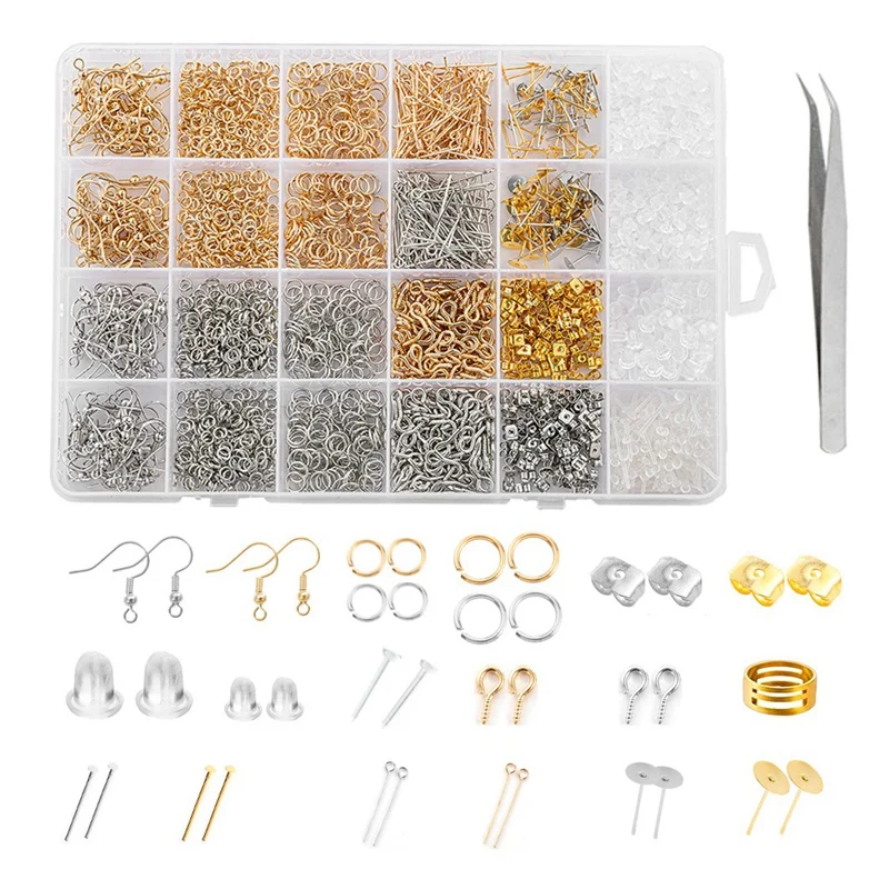 Suministros para hacer pendientes, kit de fabricación de joyas de 2682 piezas con ganchos para pendientes, respaldos para pendientes, pasador para ojos, poste para pendientes, anillos para saltar