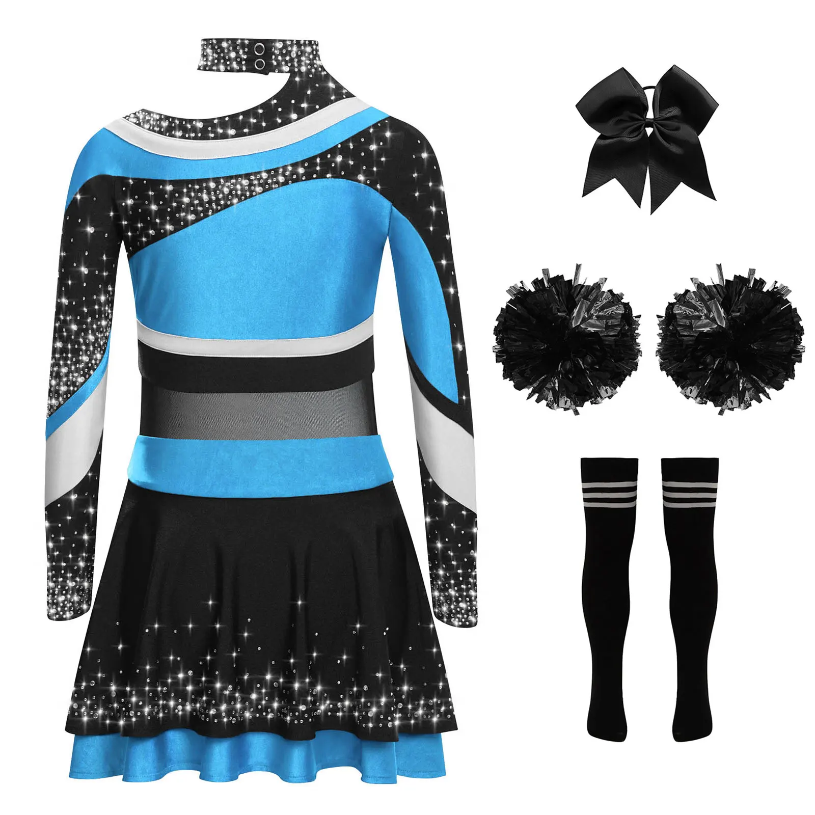 Girls Cheerleader Costume Cheerleading Dance Outfit Rhinestones Sports Meeting Cheerleader Uniform Top Shirt and Skirt 4Pcs Set