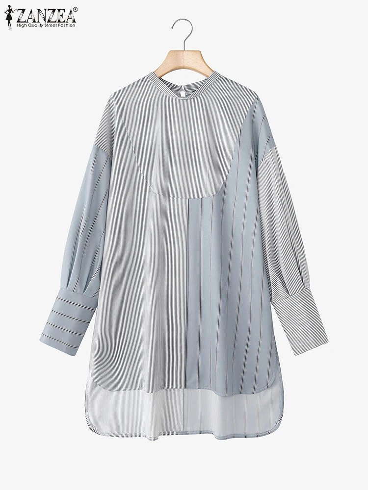 بلوزة نسائية طويلة غير متماثلة على الموضة من ZANZEA لخريف 2025 سترة مطبوعة مخططة وياقة ثابتة بلوزات فضفاضة كبيرة الحجم غير رسمية #4