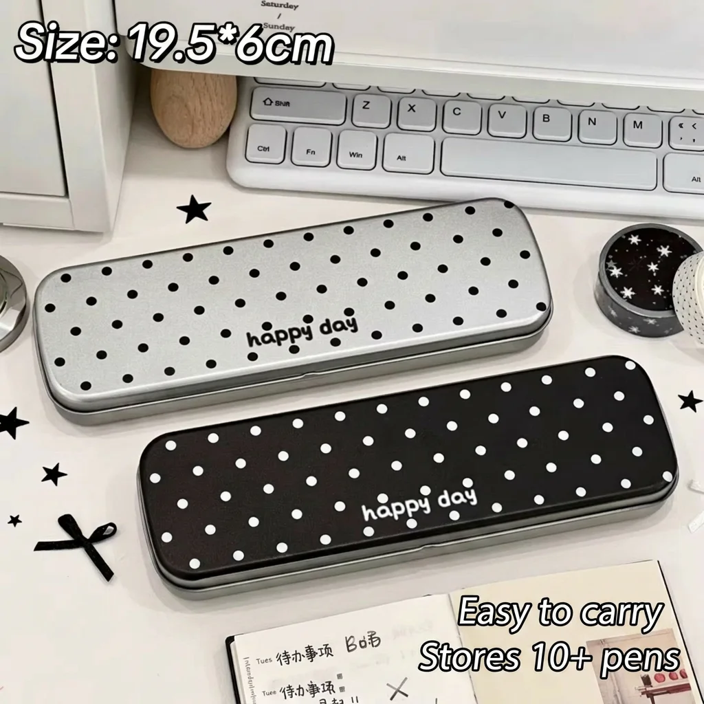 Portable Stationery Organizer Sturdy Slim Metal Pencil Box Flip Top Stationery Box Lightweight Polka Dot Metal Pencil Case
