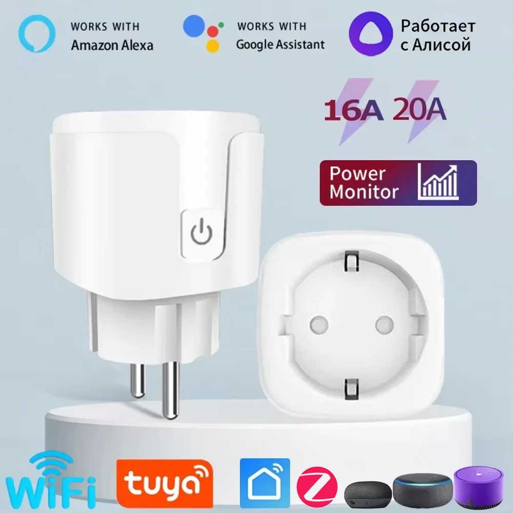 Tuya WiFi/Zigbee3.0 المكونات الذكية الاتحاد الأوروبي 16A/20A المقبس مراقبة الطاقة الموقت وظيفة APP التحكم عن بعد صوت يعمل مع أليكسا جوجل