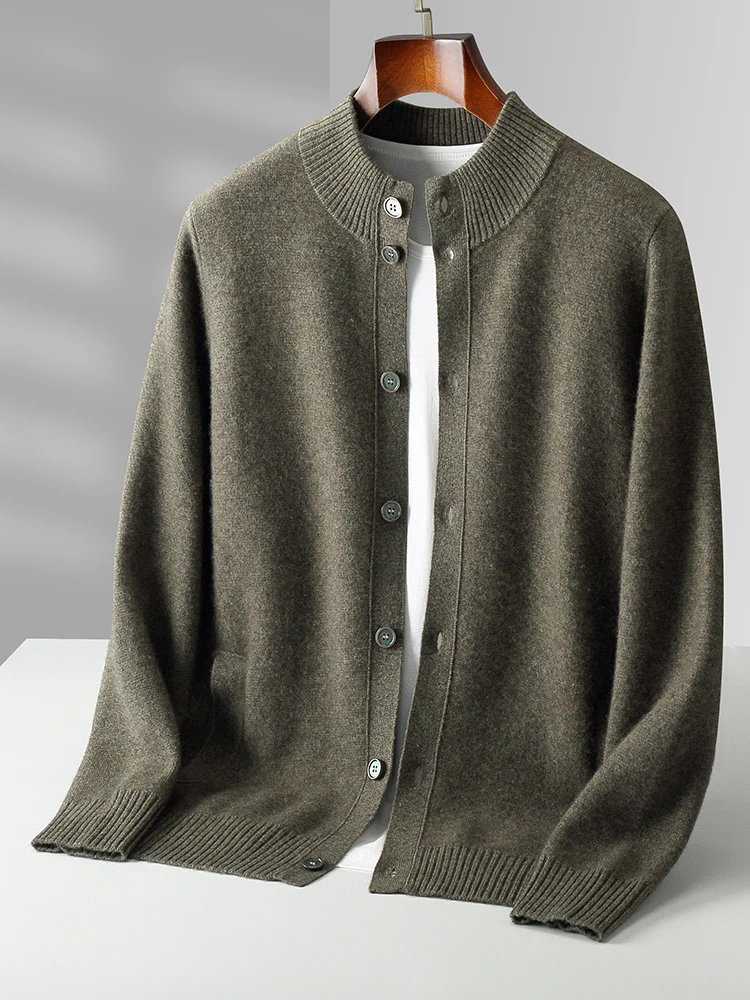 Men's Thick Sweater 100% Merino Wool Knitwear Cardigan Cashmere Buttons Coat Autumn Winter Mock Neck Pockets Casual Clothing Top