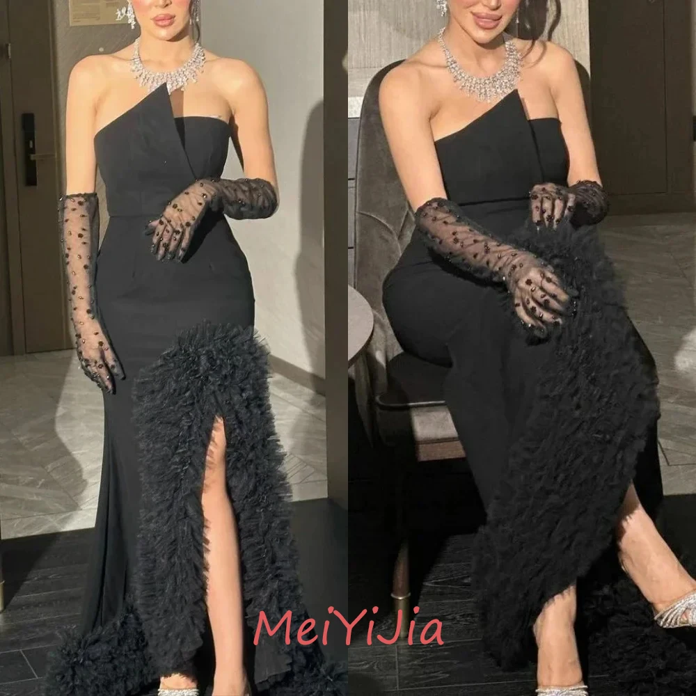 MeiYiJia Strapless Sleeveless Simple Satin Mermaid Grace Lace Ruffle Saudi Arabia Sexy Evening Birthday Club Outfits Summer 2024