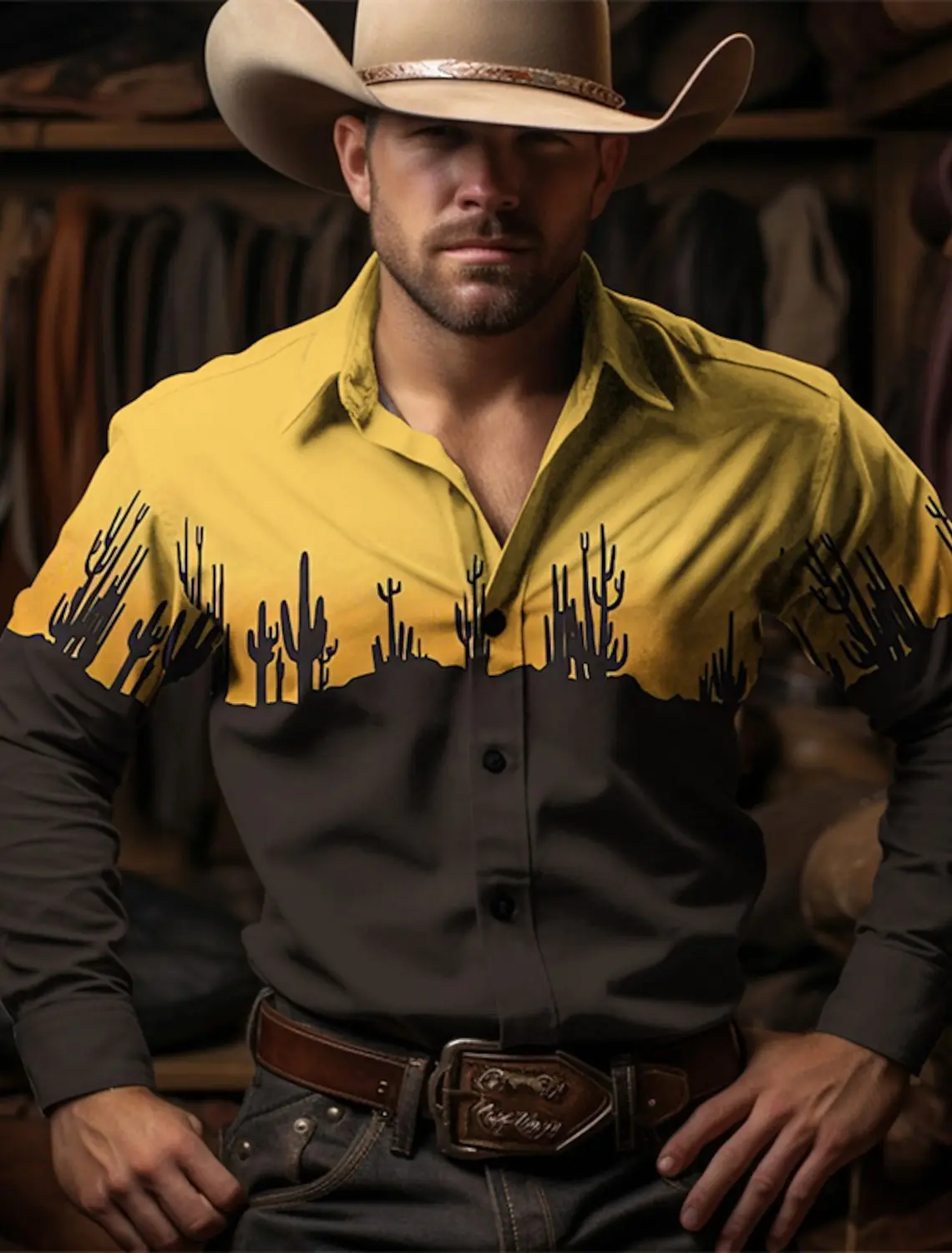 Cactus Cowboy Vintage estilo occidental camisa de hombre camisa occidental calle al aire libre Casual Otoño e Invierno camisa de manga larga