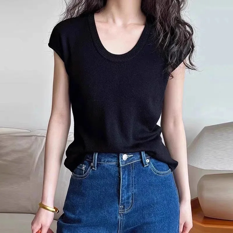 Ice Silk Knitted Sleeveless Tops Summer Chic Thin Women Top Casual Versatile Slim Fit Short Sleeve T-shirt Korean Style Clothing