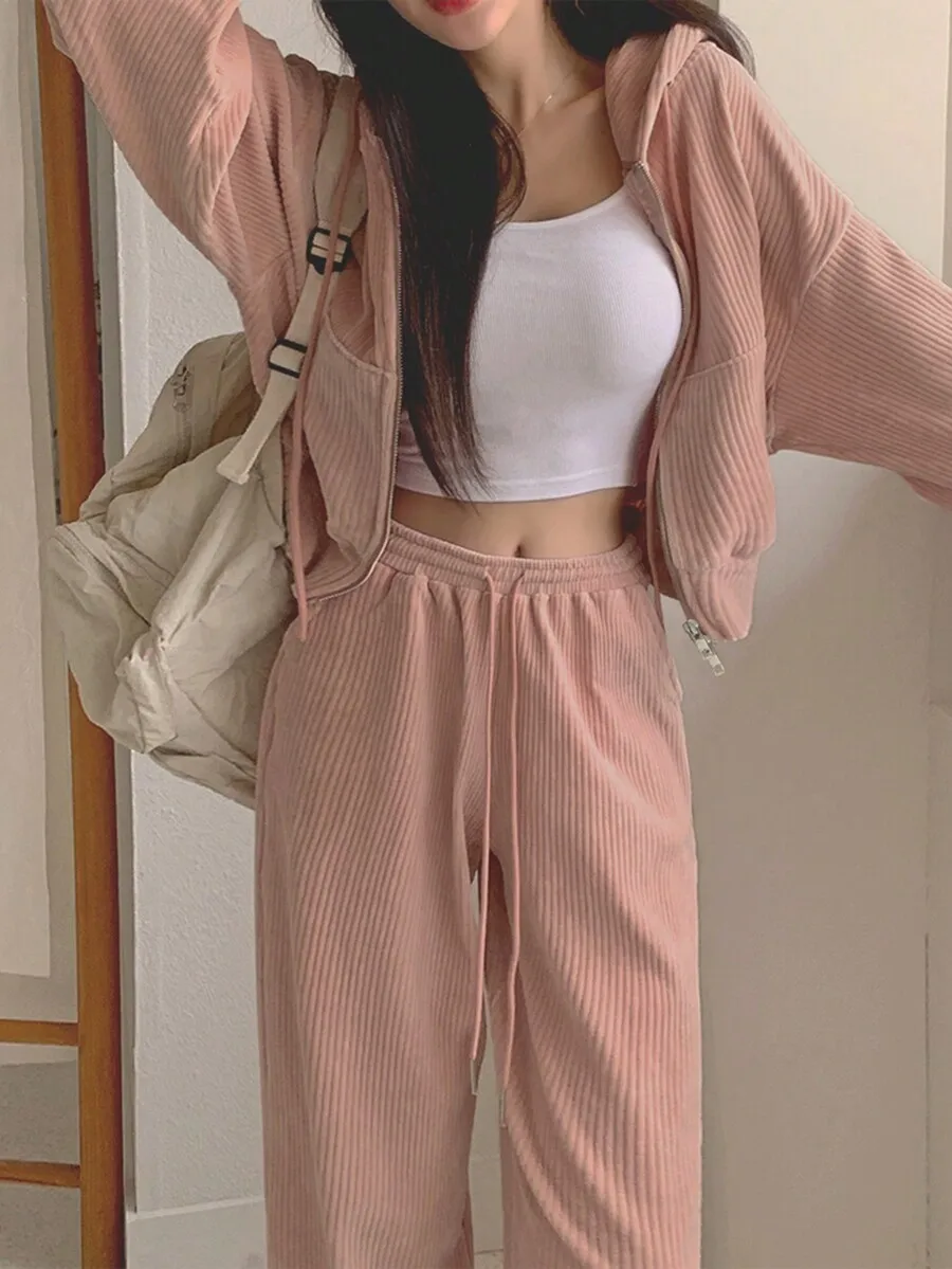 

Women Solid Color Drawstring Hoodie And Pants Casual Tracksuit Set
