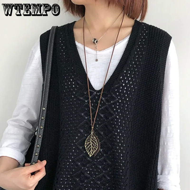 WTEMPO Women\'s Retro Sleeveless Knitted Vest Ladies Hollow Out Waistcoat Loose Spring Autumn Breathable Gilet Sweater