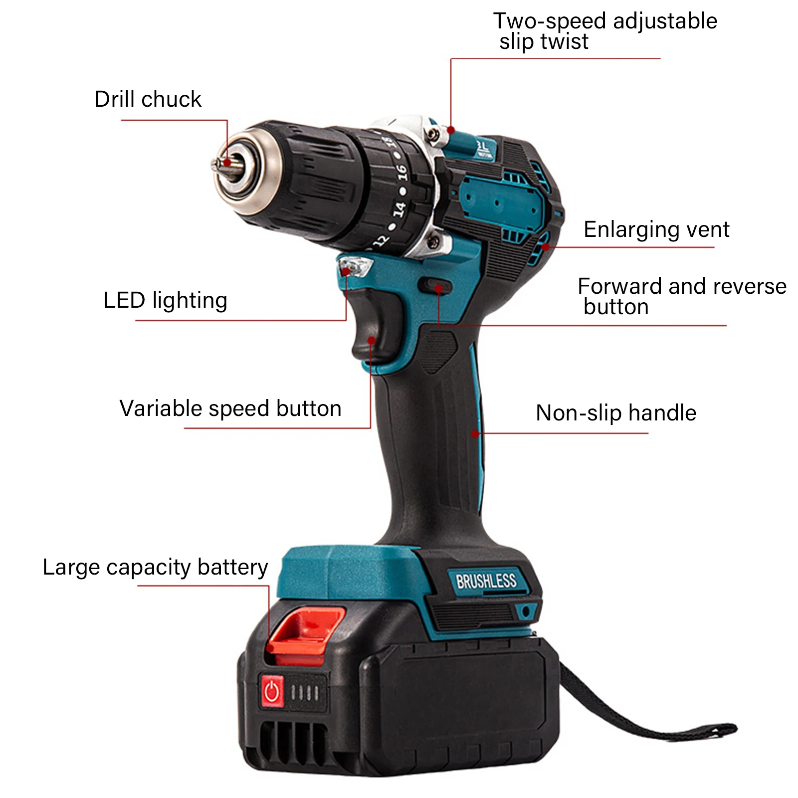مثقاب لاسلكي بدون فرش مثقاب كهربائي 2200 دورة في الدقيقة تنظيم السرعة ستبليس أدوات كهربائية 45 نانومتر لبطارية 21 فولت
