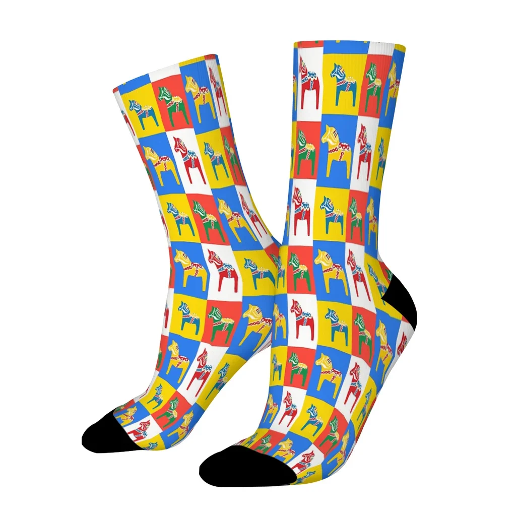 Dala Horses Dalarna Squares Sweden Horse Dalecarlian Swedish Colorful Dala Host  Straight Socks  Mens Women Autumn Stockings