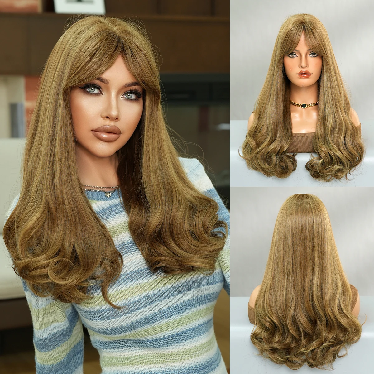 NAMM New Fashion Long Wavy Honey Blonde Wig Tail roll Natural Looking High Quality Fiber Synthetic Fluffy Curly Wigs for Women
