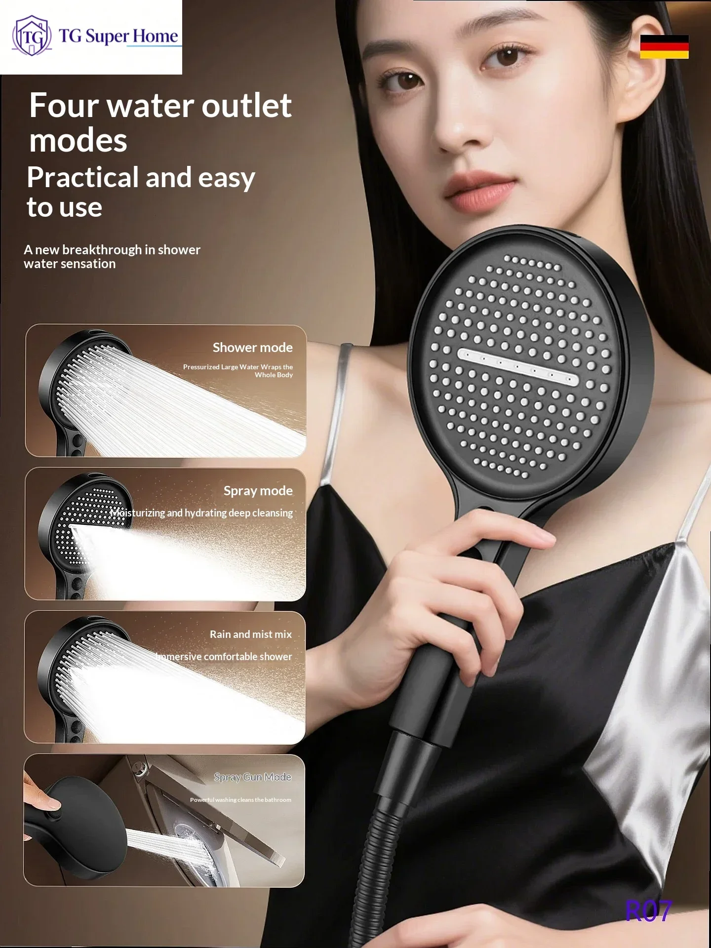 German‑Style Pressure‑Boosting Large‑Panel Rainfall Shower Head Set, High‑Pressure Strong‑Flow Nozzle for Bathroom