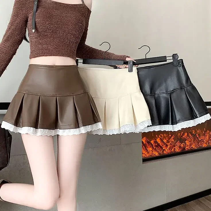 Dames hoge taille PU lederen rok geplooide kanten rand heupomslag A-lijn Y2K stijl hipster mode, heuprok, Japanse stijl