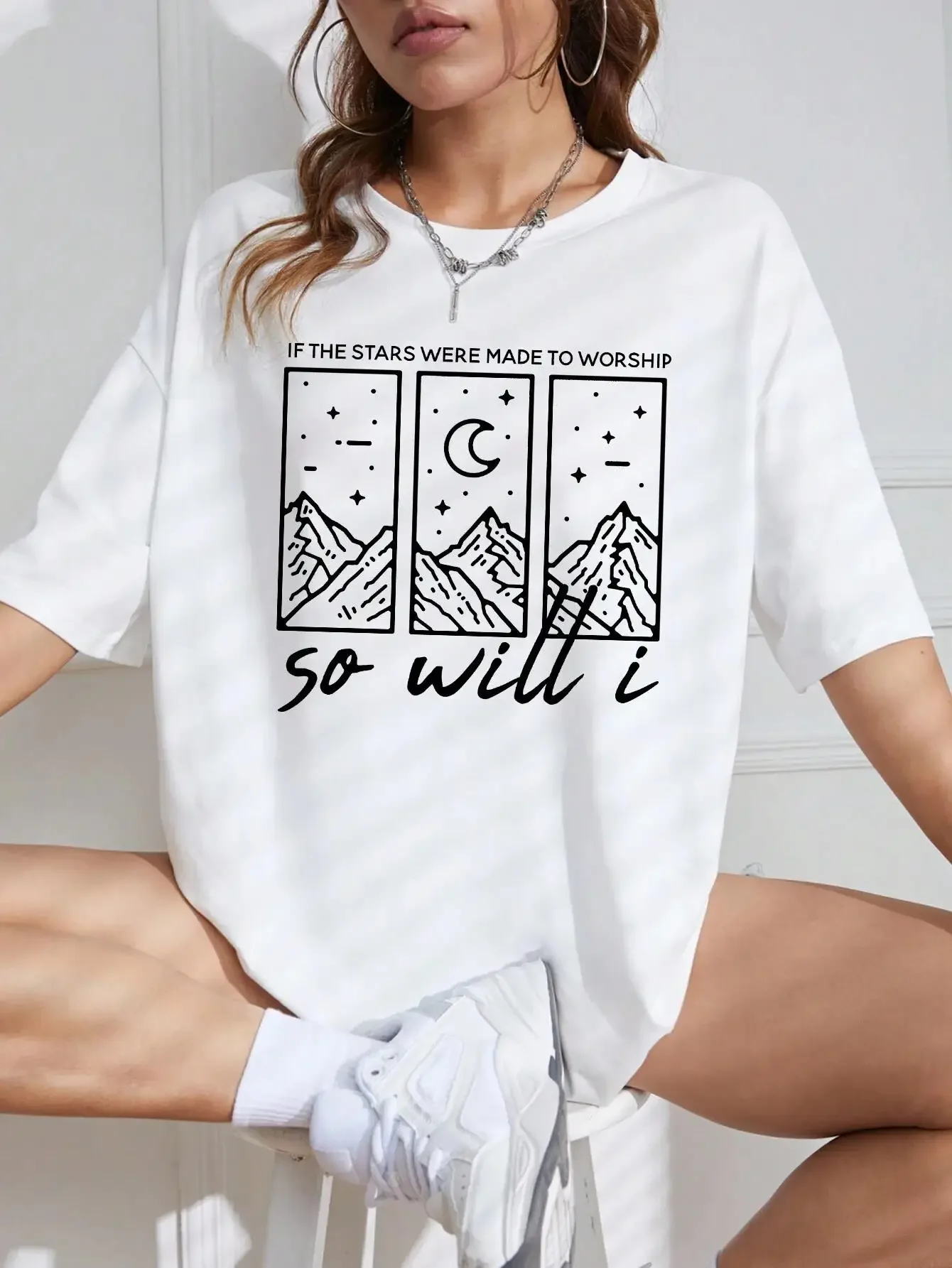 Women T Shirt Creative Moon Mountain Illustration Printed  Casual T Shirt Street Summer Cotton Tops Fashion Hip Hop Tee Clothes