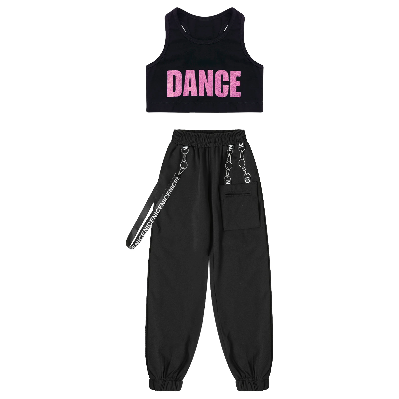 Teens Girls Fashion Outfit Street Jazz Dance Clothes Sleeveless Racer Back Crop Top with Hiphop Sweatpants Streetwear Sportswear