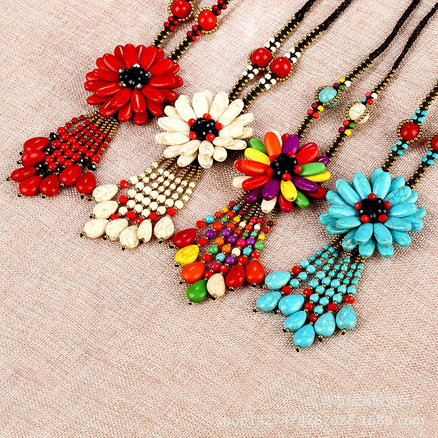 Boho Ethnic Semi-precious Stone Pendant Sweater Chain Turquoise Beaded Tassel Necklace For Women Catwalk Jewelry