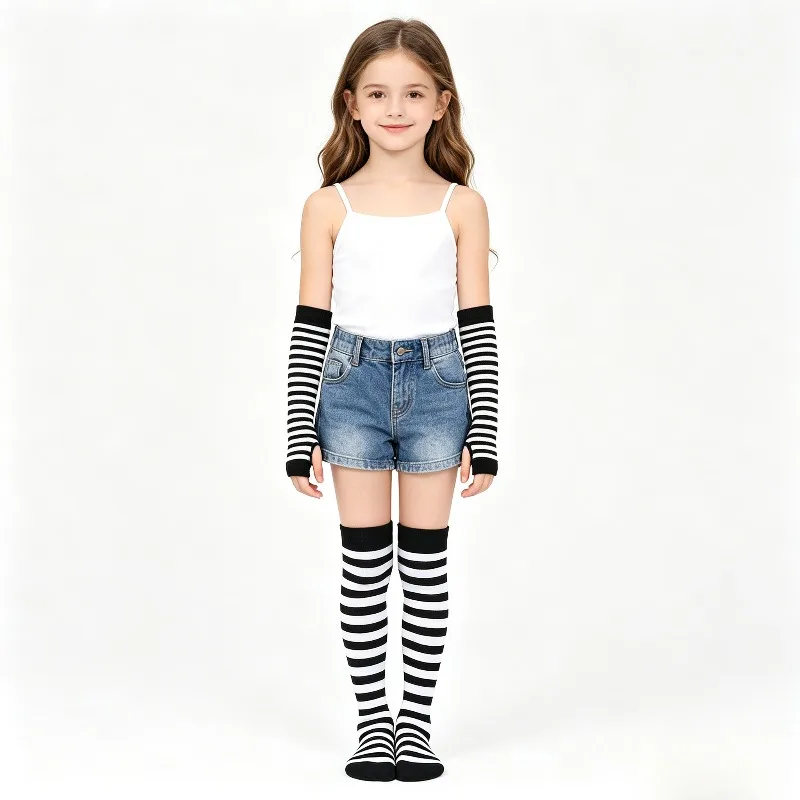 Fashion Knitted Striped Long Arm Warmers Gloves Thigh High Stockings Dance Performance Soft Elastic Costume Accessories Set