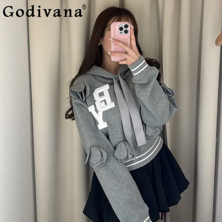 

Japanese Style Sweet Grey Hoodies Spring New Women's Sweet 3D Flower B Letter Embroidered Hooded Sweatshirts Ladies Casual Tops