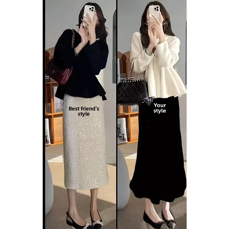

Slimming Knitted Long Sve round Ne Set High Waist Midi Skirt Faionable Commute Sle Autumn New Arrival Women's Two-Pi...