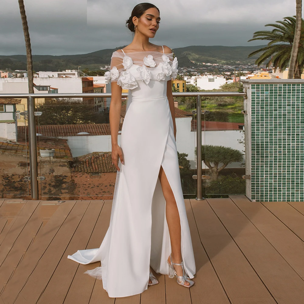 

Weilinsha Jersey Sheath Wedding Dres for 2023 Brides Ribbons with 3D Flowers Spaghetti Straps Backless Bridal Gowns Sweep Train