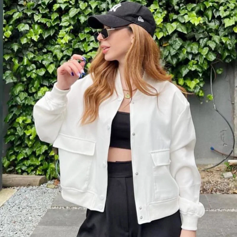 HXAO Women's Bomber Jacket Crop Black Off White Outerwears Spring 2025 New In Coats Aviator Varsity Button Long Sleeve Coat 066