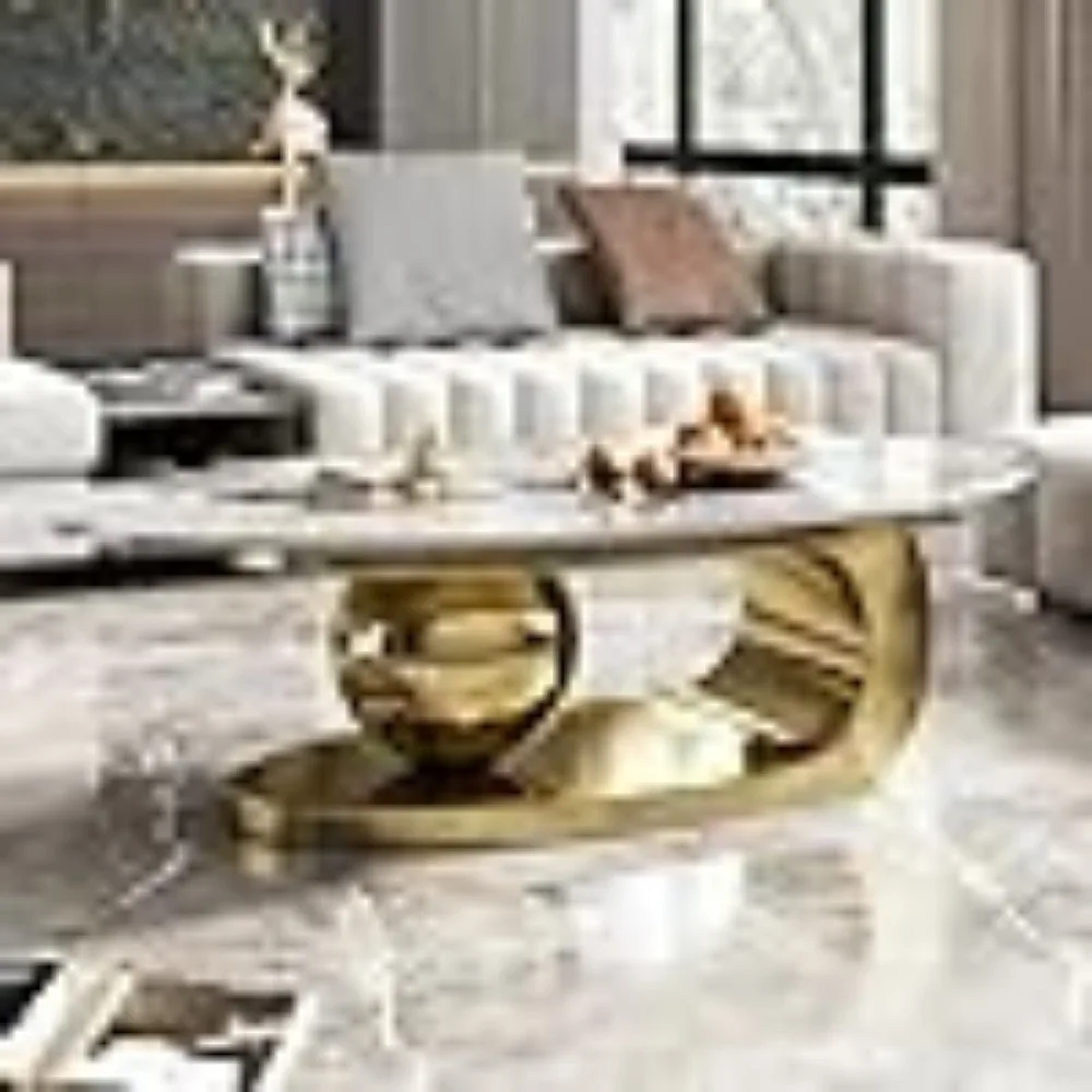 

Modern Oval Stone Coffee Table with Abstract Gold Metal Base - Perfect Centerpiece for Stylish Living Rooms-Gold, Café Tables