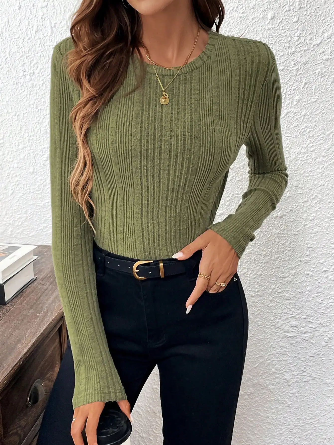 Green Ribbed Lady\'s Casual Daily Wear Long Sleeve Basic Top T-Shirt