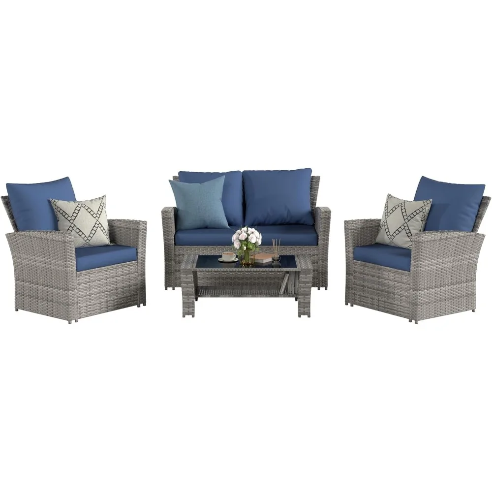 

4 Pieces Patio Furniture Set, Wicker Outdoor Sectional Sofa Couch Sets, PE Rattan Patio Conversation Sets for Balcony, Porch, Po