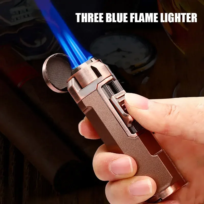 JOBON Strong Three Blue Flame Lighter Pull Down Ignition Bottom With Cigar Cutter Design Multi-Purpose Ignition Tool Gift Giving