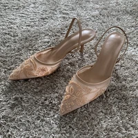 Mesh Embroidered Fashion Sandals Women String Bead High Heels Mules Shoes Pointed Toe Slingback Slippers Women Zapatos De Mujer - Image 3