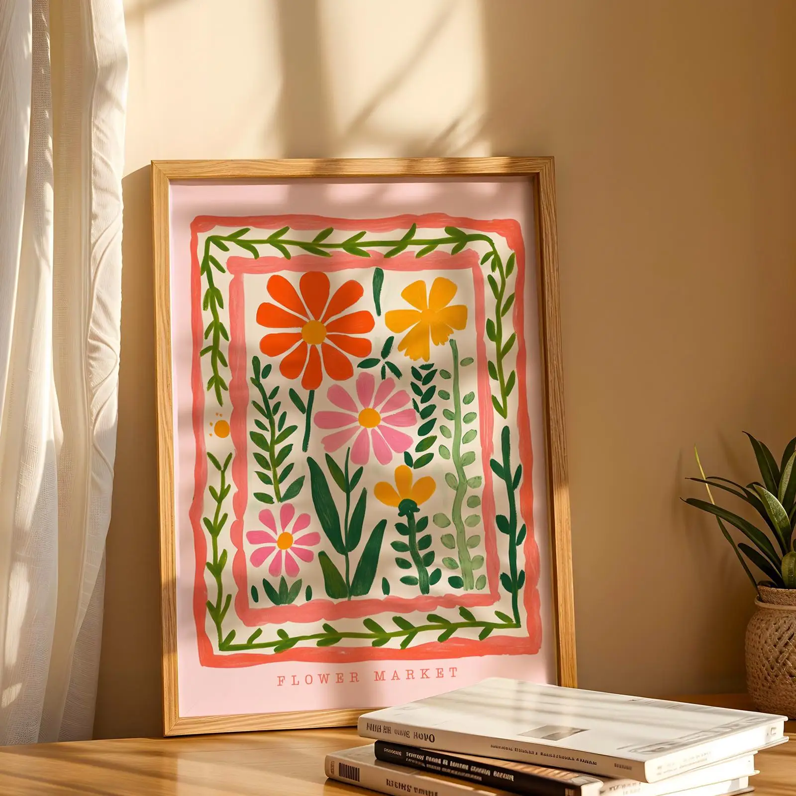 Póster impreso en lienzo con ramo de flores silvestres rosas, impresiones de arte botánico del mercado de flores moderno, decoración del hogar para sala de estar, regalos de carteles artísticos