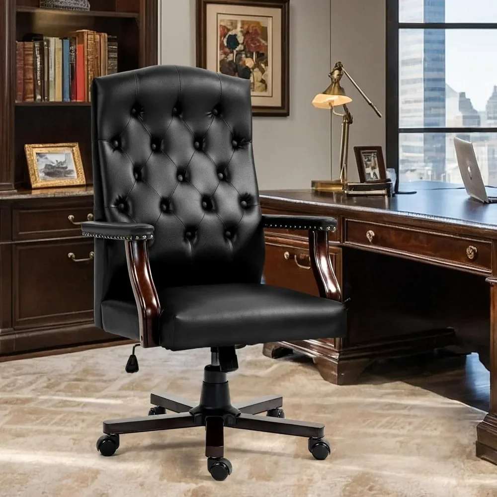 

Office Chair, High Back Computer Chair With Upholstered Backrest Vinage Farmhouse Retro Style, Faux Leather Wing Back