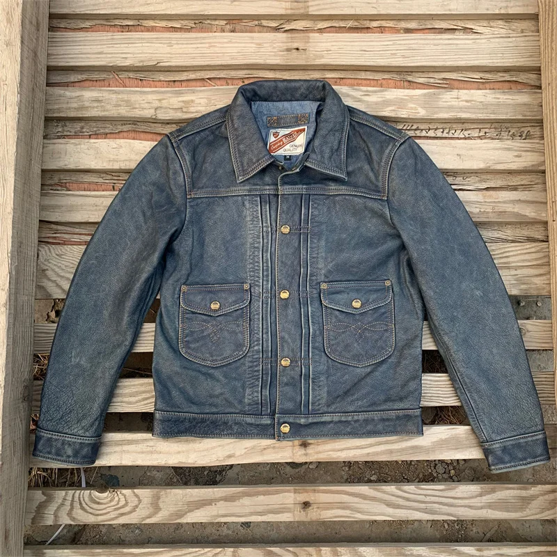 Blue Autumn Leather Jacket Men Vintage Style Plus Size 5XL Genuine Natural Cowhide Turn-Down Collar Single Breasted Denim Coat