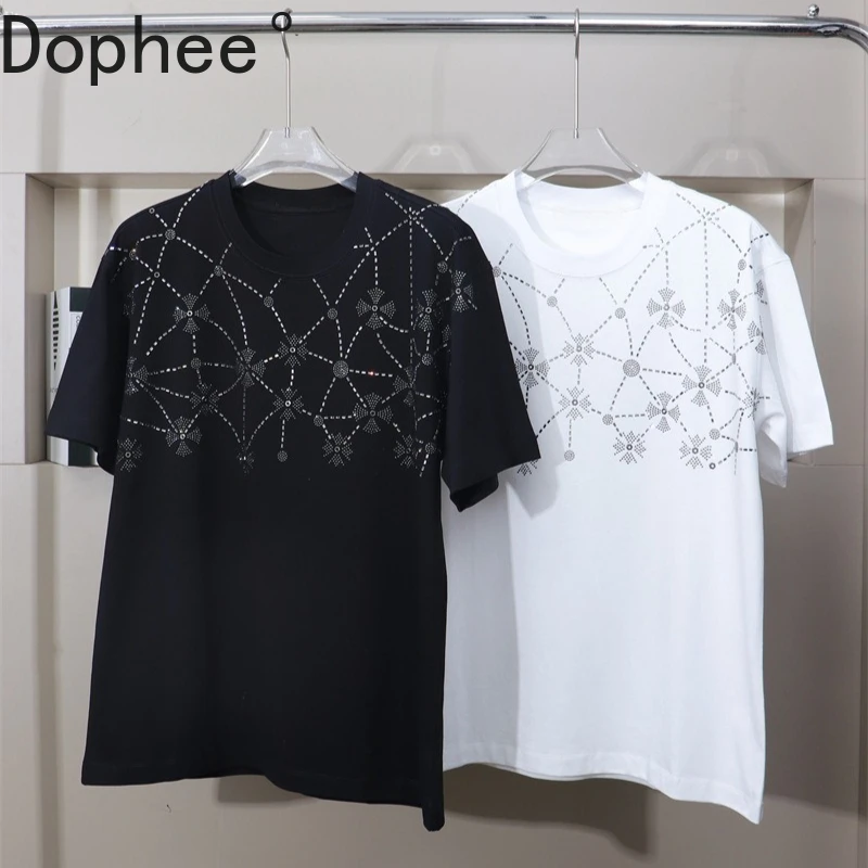 

Shiny Hot Drilling Men's Short Sleeve T-shirt Streetwear Loose O-neck Pullover Top Plus Size Spring Summer Handsome Cotton Tees
