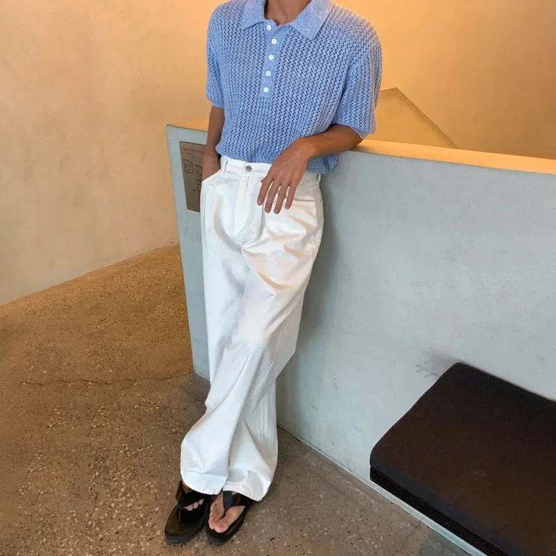Summer New Fashion Men's Hollowed Out Turn-down Collar Short Sleeve Loose Casual Trendy Knitted Undershirts Male Clothes Tops