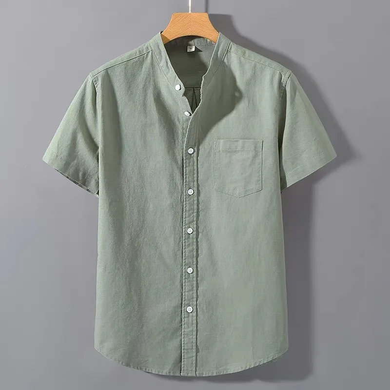 Lightweight Linen Short Sleeve Casual Shirt Men's Loose Breathable Cotton Linen  Color Chinese Style Stand Collar Nation...
