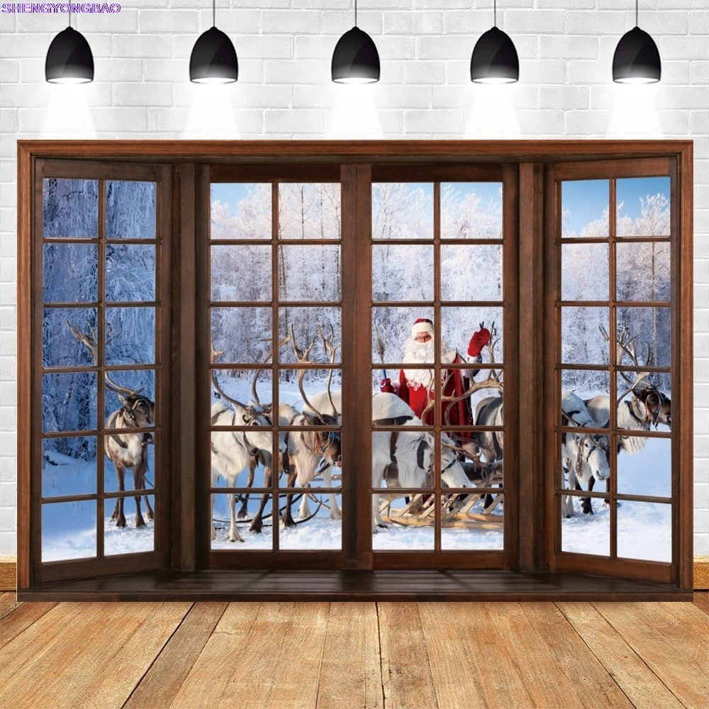 

Christmas Day New Year Party Photography Backdrops Prop Window Living Room Interior Xmas Tree Snow Theme Photo Background BG-45