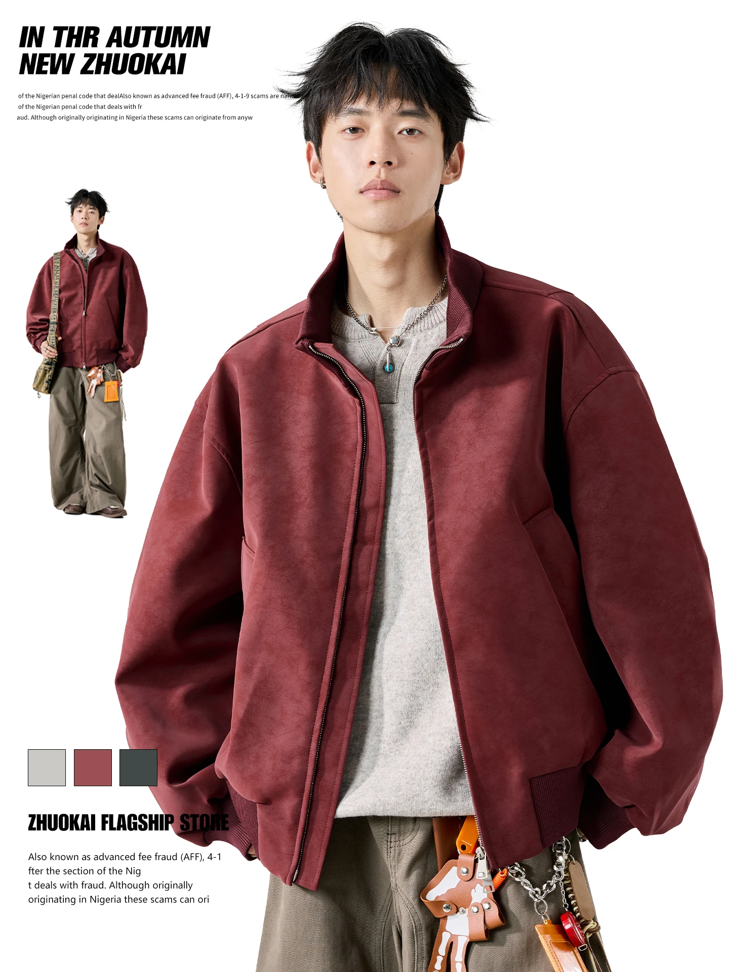 

Men's Suede Fce Jaet Winter American Sle Zipper Decoration Loose Fit Long Sve Stand Collar Outerwear for Teens