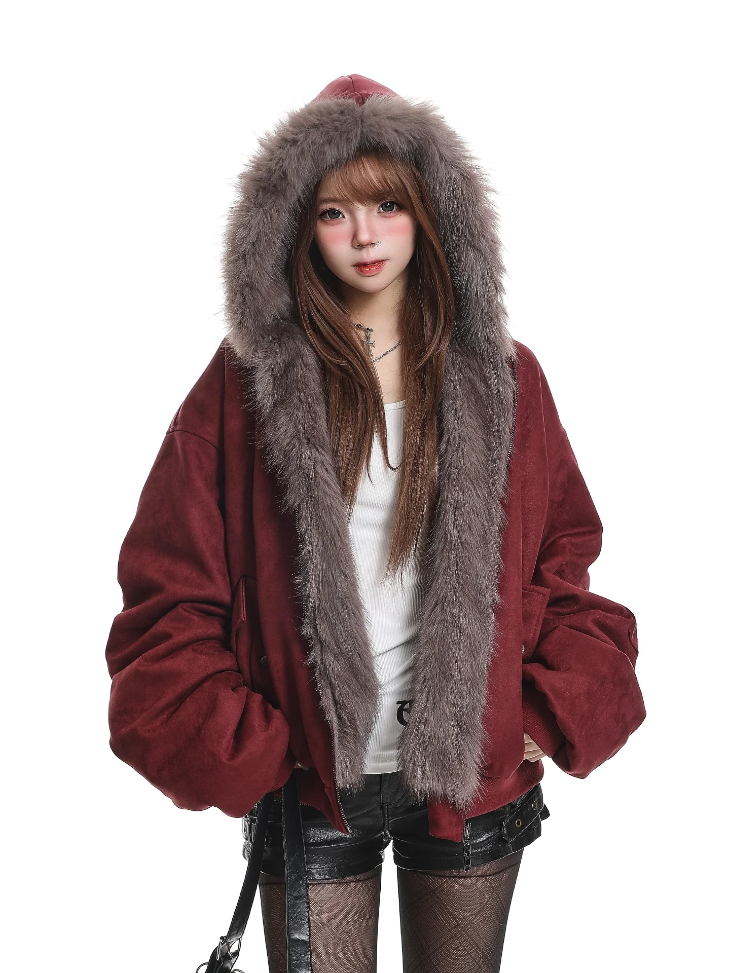 American Style Double-Sided Wear Fur Collar Jacket Women's Winter Fleece Lined Thickened Loose Hooded Cotton Coat